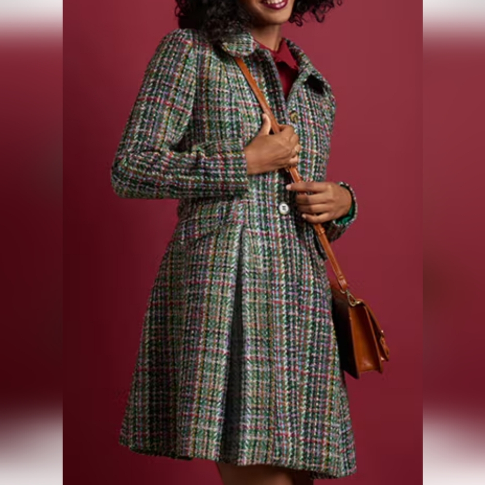 NWT Modcloth Multi Colored Tweed Flare Coat Removable Faux Fur Collar Small - Picture 2 of 16